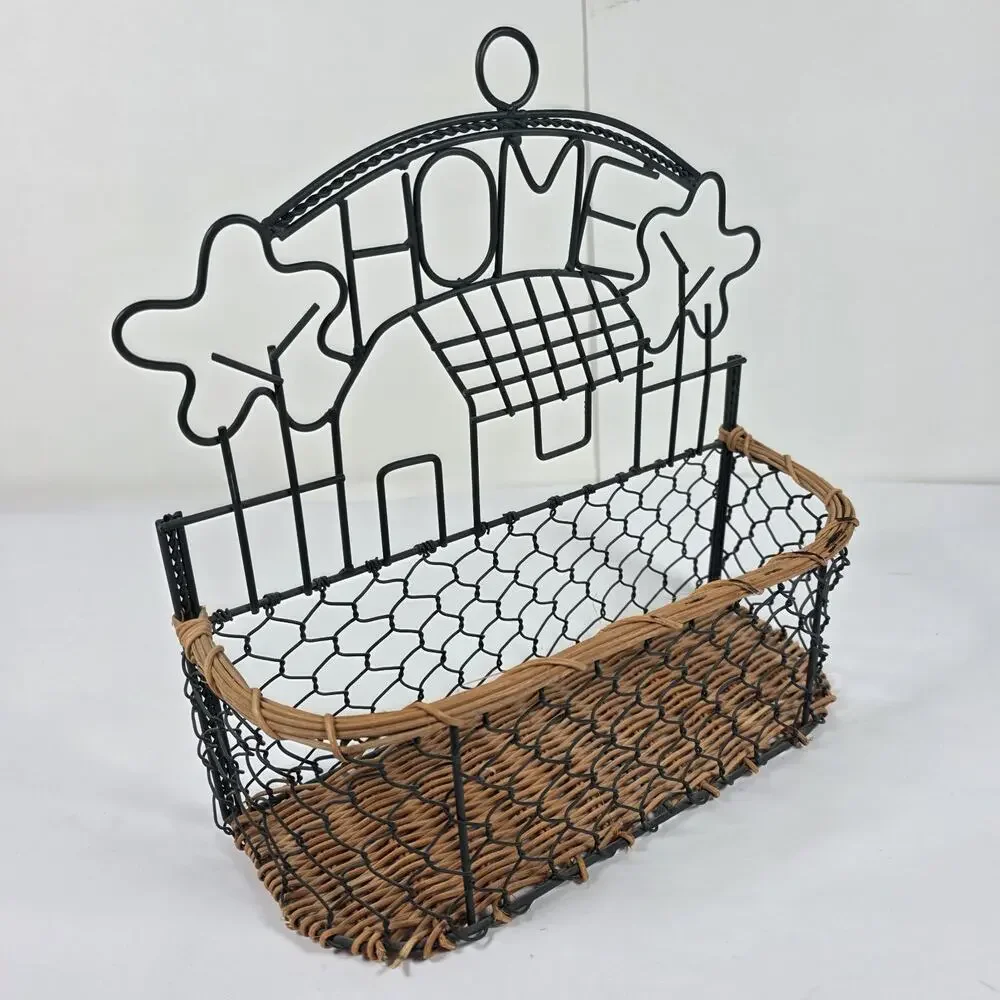 Rustic Home Wall Basket Wire Metal Wicker Hanging Farmhouse Organizer cottage